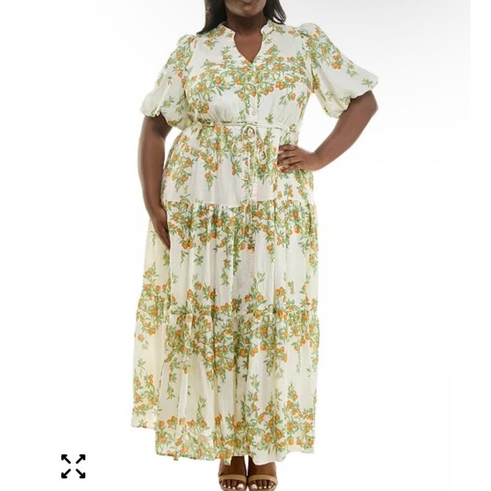 Taylor Sz 8 Chic Split-Neck Puff-Sleeve Tiered Maxi Dress w Lemon Fruit Print